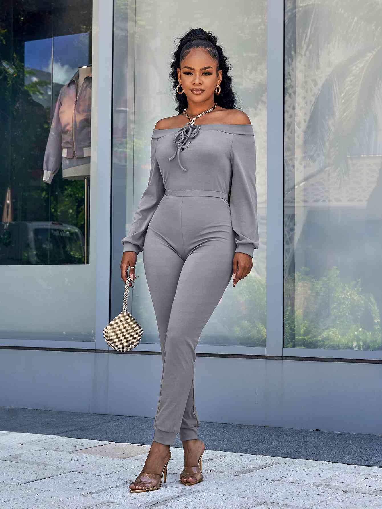 Lace-Up Off-Shoulder Long Sleeve Jumpsuit