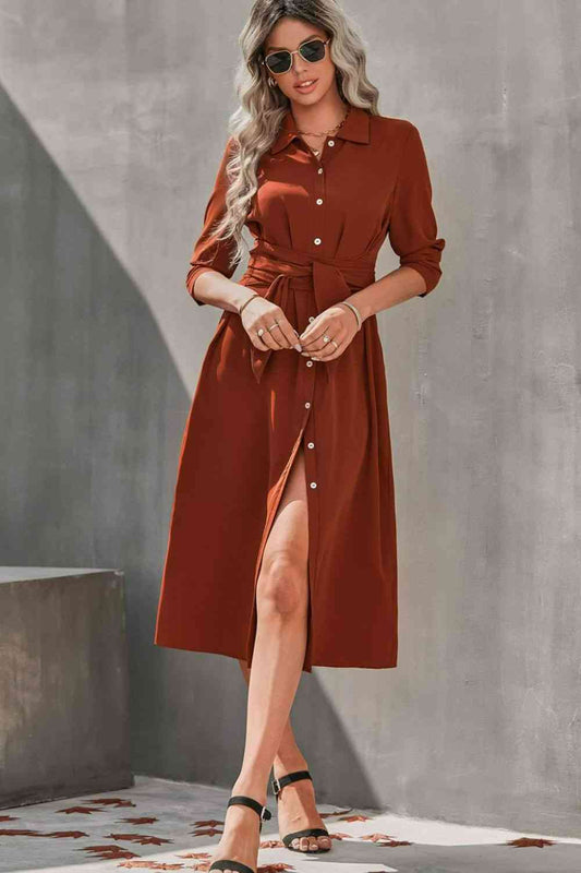 Collared Neck Tie Waist Midi Shirt Dress