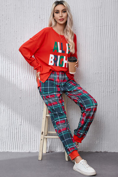 ALL IS BRIGHT Round Neck Top and Plaid Pants Lounge Set