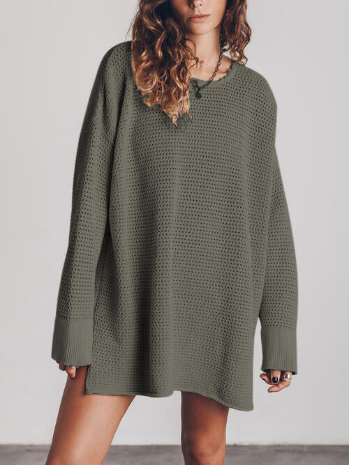 Openwork Round Neck Long Sleeve Slit Sweater