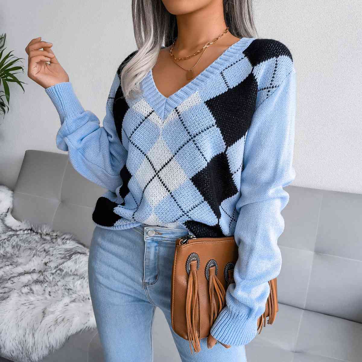 Geometric V-Neck Sweater