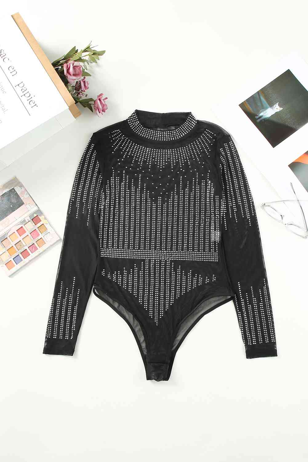 Rhinestone Round Neck Long Sleeve Bodysuit