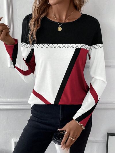 Contrast Round Neck Long Sleeve T-Shirt