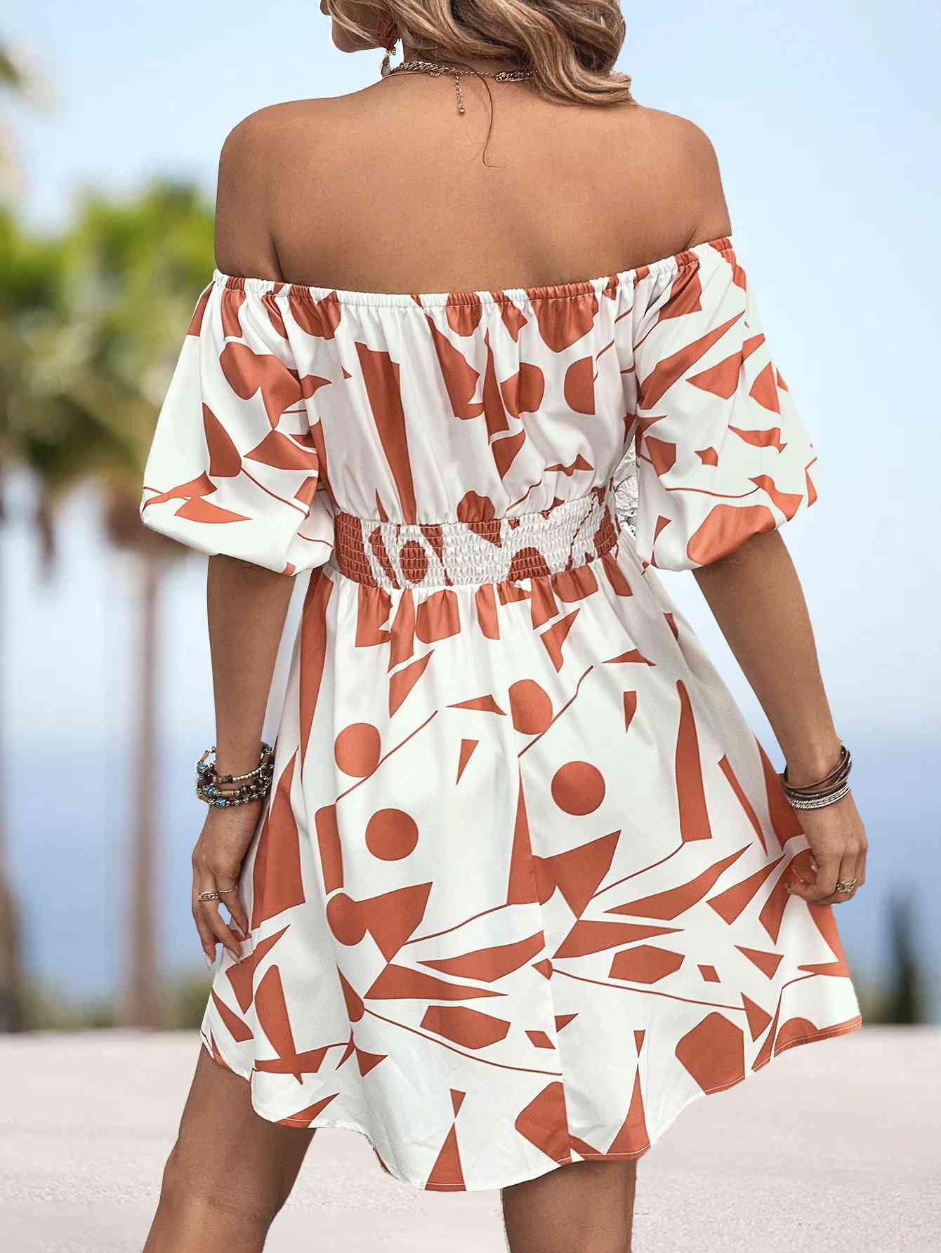 Printed Off-Shoulder Smocked Waist Dress