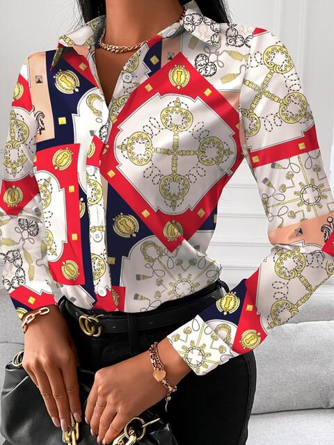 Printed Collared Neck Long Sleeve Shirt