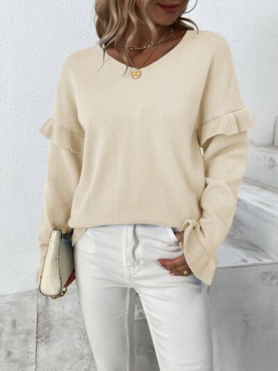 Ruffled V-Neck Dropped Shoulder Sweater