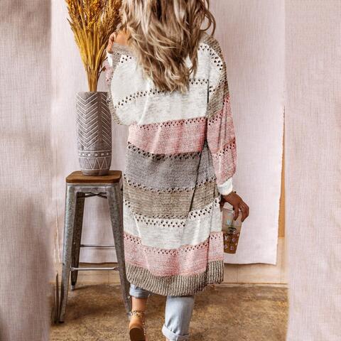 Color Block Open Front Openwork Cardigan