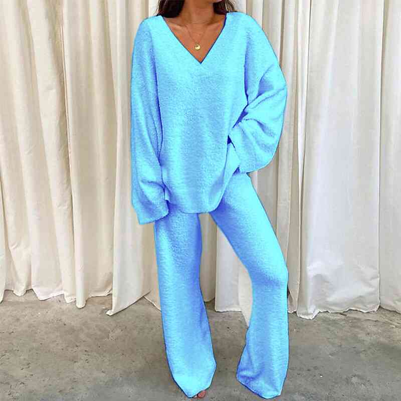 V-Neck Long Sleeve Top and Long Pants Set