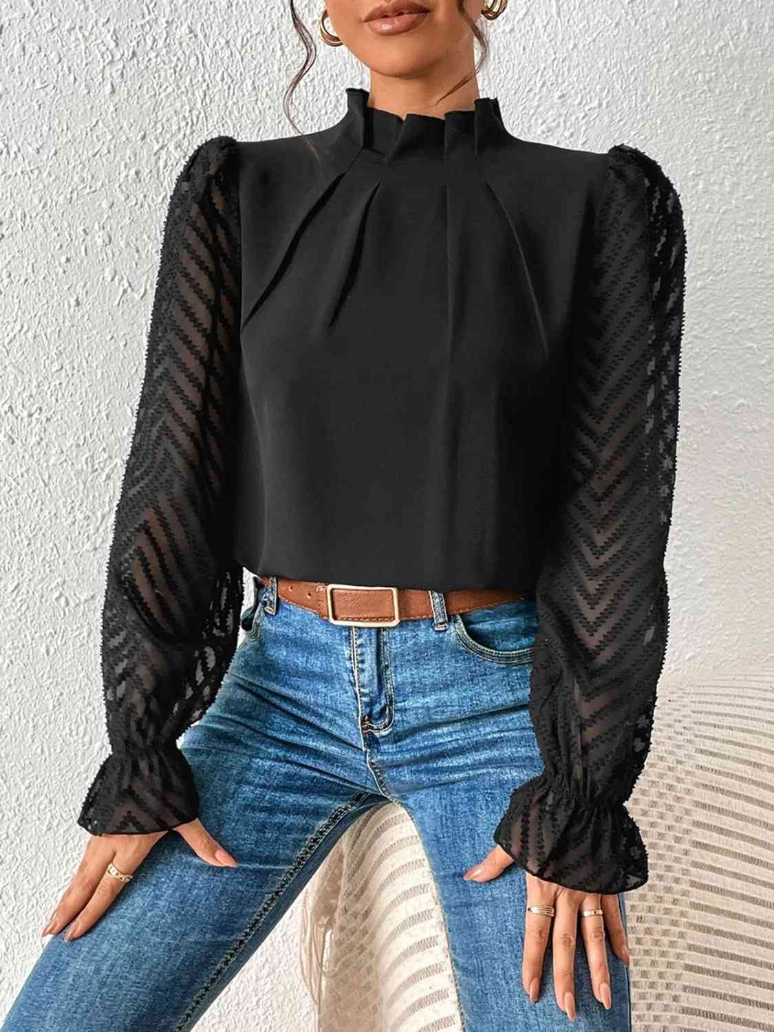 Mock Neck Flounce Sleeve Blouse