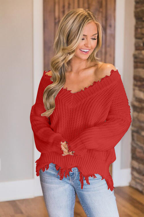 Frayed Hem Dropped Shoulder Sweater