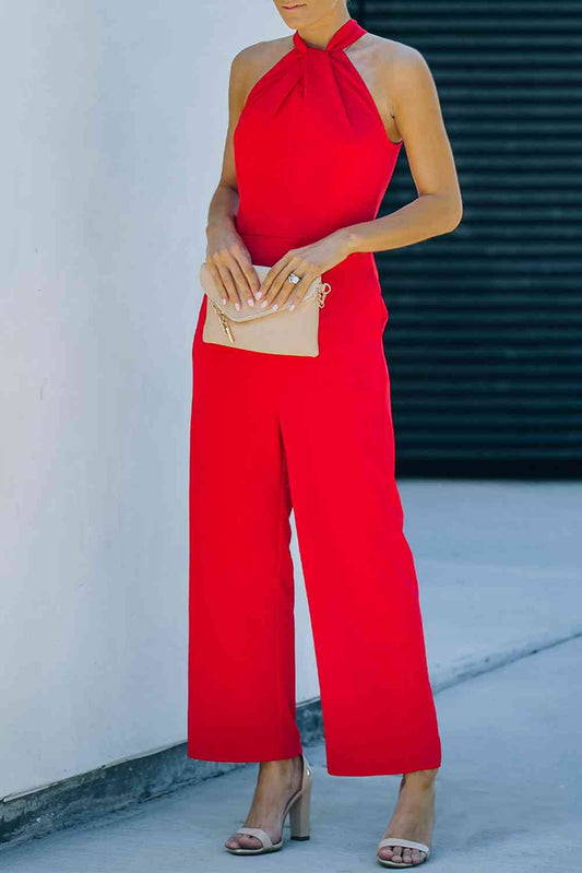 Twisted Grecian Neck Wide Leg Jumpsuit