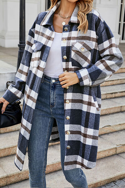 Plaid Button Up Collared Neck Coat with Pockets